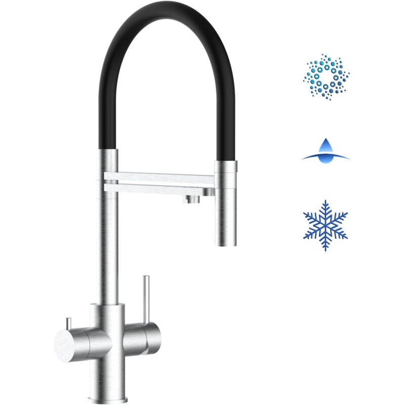 foto del prodotto rubinetto 5 vie miscelatore lavello cucina in acciaio inox spazzolato canna nera movibile e doccia 2 getti staccabile acciaio chirurgico aisi 316