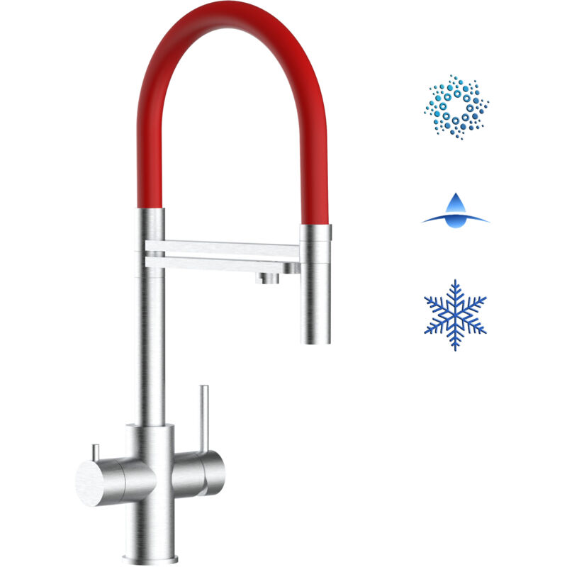 foto del prodotto rubinetto 5 vie miscelatore lavello cucina in acciaio inox spazzolato canna rossa movibile e doccia 2 getti staccabile acciaio chirurgico aisi 316