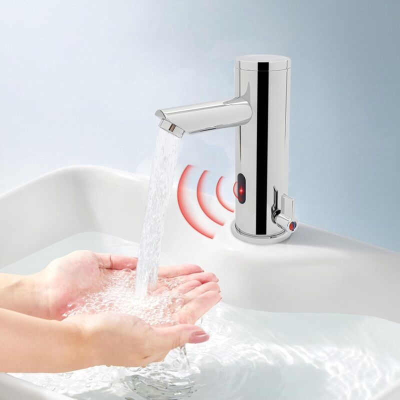 foto del prodotto rubinetto a infrarossi con sensore ad induzione, rubinetto automatico del lavabo a induzione, caldo e freddo doppio uso rubinetto da bagno per scuole