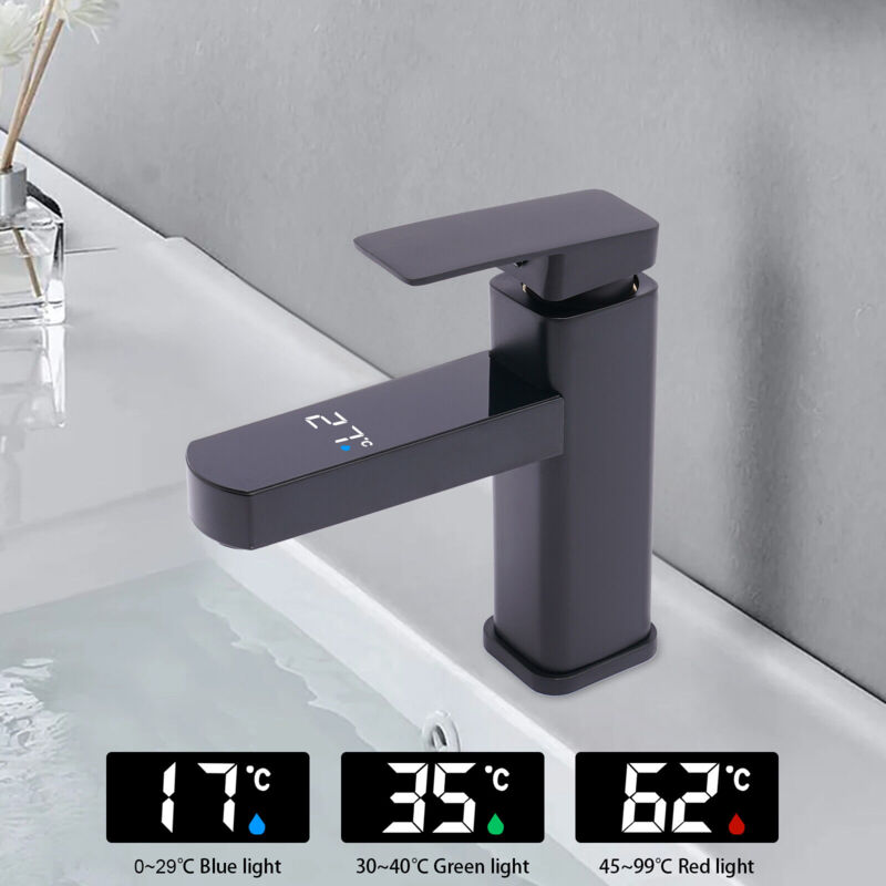 foto del prodotto rubinetto a led per lavabo, nero, rubinetto per bagno, miscelatore monocomando, acqua fredda e calda, con display digitale