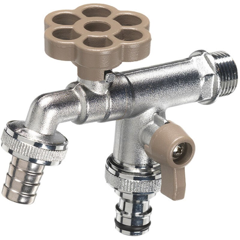 foto del prodotto rubinetto a sfera doppio per fontana da giardino con fiore e leva colorate belfer rub 030 tortora