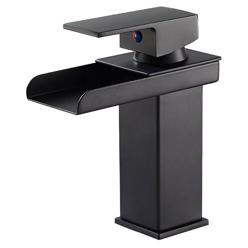 foto del prodotto rubinetto bagno a cascata nero, miscelatore bagno in ottone, miscelatore lavabo da appoggio, rubinetti acqua calda e fredda