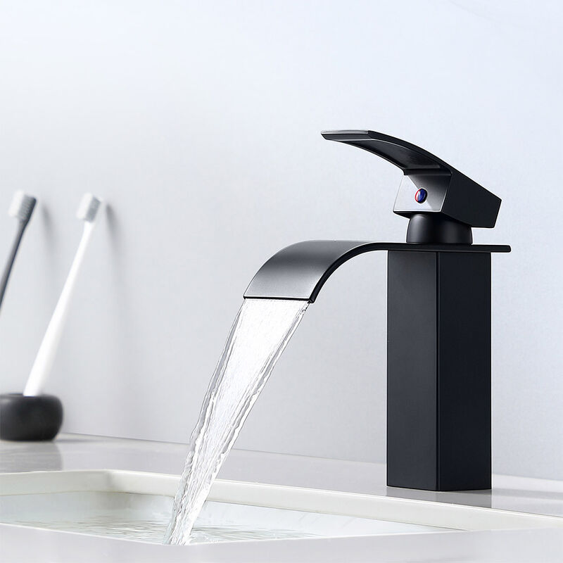 foto del prodotto rubinetto bagno lavabo a cascata nero, rubinetto lavabo monocomando per bagno con bocca a cascata larghezza 60 mm , risparmio idrico, regolazione a