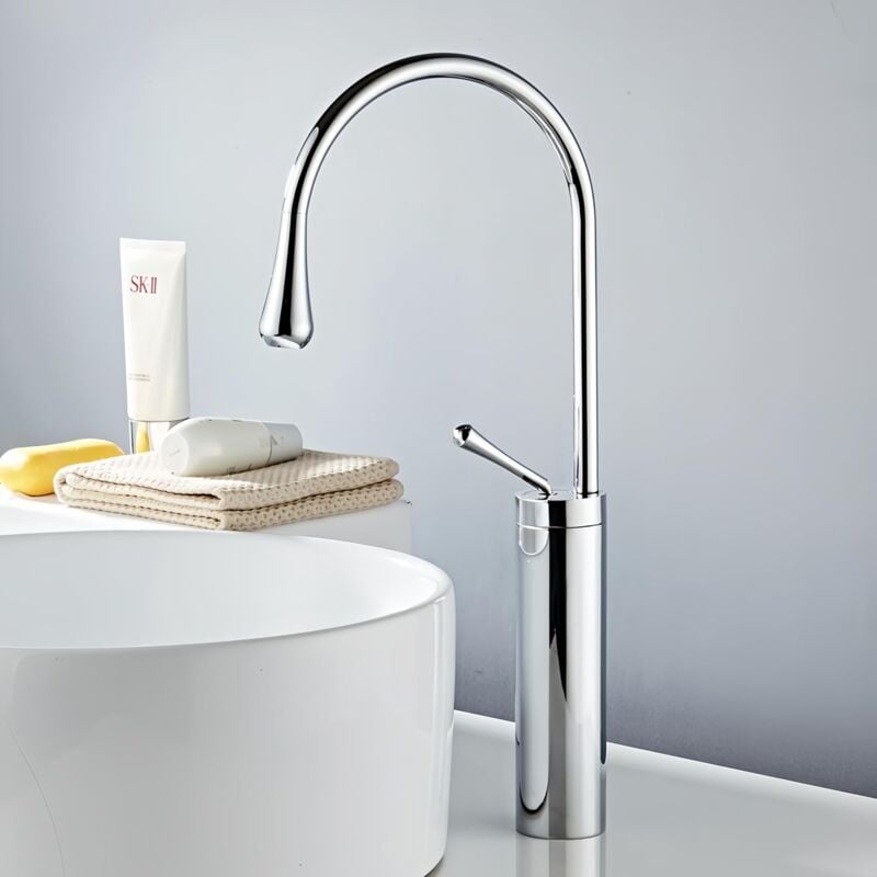 foto del prodotto rubinetto bagno lavabo alto, rubinetti per lavandini, miscelatore monocomando per lavabo fredda e calda regolabile cromato