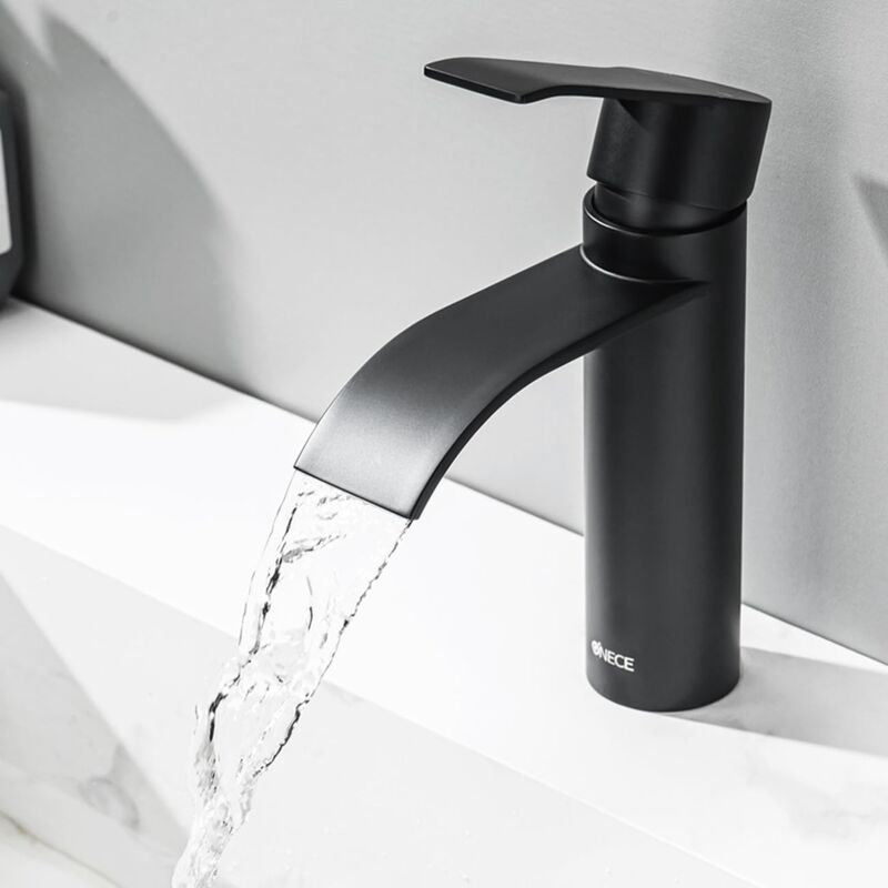 foto del prodotto rubinetto bagno lavabo nero, rubinetto bagno a cascata, miscelatore lavandino cascata per bagno, rubinetti monocomando dal design unico, acqua calda