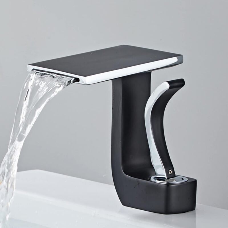foto del prodotto rubinetto bagno moderno miscelatore monocomando lavabo cascata con tubo da 3 8 nero cromo