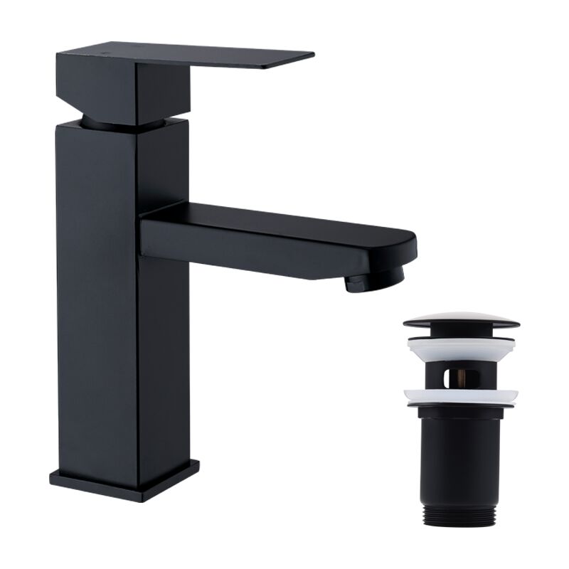 foto del prodotto rubinetto bagno nero e set di scarico con troppopieno automatico