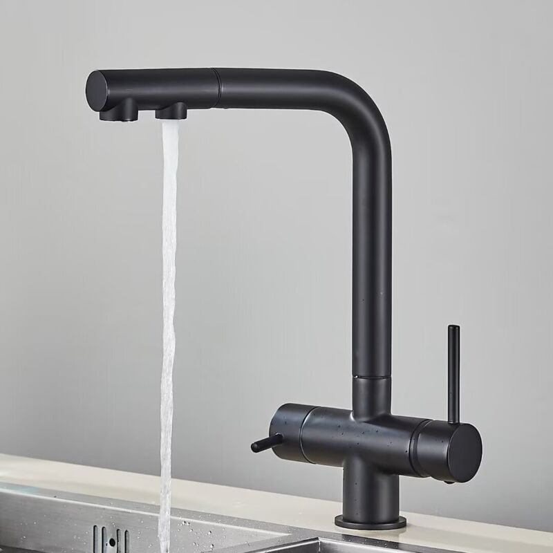 foto del prodotto rubinetto cucina 3 vie nero,rubinetto da cucina estraibile,rubinetto girevole a 360 ,rubinetto acqua potabile con doppia leva,2 uscite