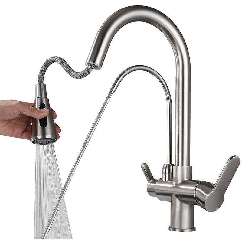 foto del prodotto rubinetto cucina 3 vie rubinetto miscelatore per lavello girevole a 360 fredda e calda disponibile argento