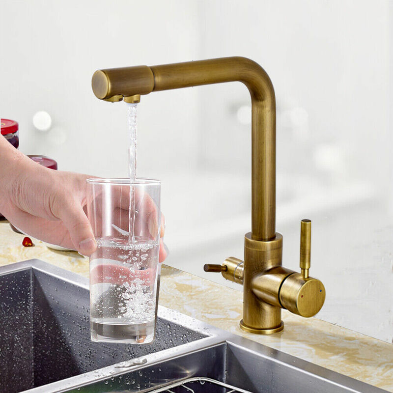 foto del prodotto rubinetto cucina a 3 vie,rubinetto acqua potabile con doppia leva,rubinetto lavello cucina con osmosi penetrazione 3 in 1,con 2 uscite,antico vintage