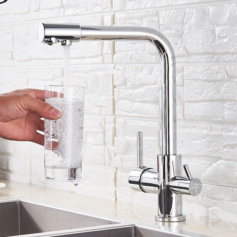 foto del prodotto rubinetto cucina a 3 vie,rubinetto acqua potabile con doppia leva,rubinetto lavello cucina con osmosi penetrazione 3 in 1,con 2 uscite,cromo