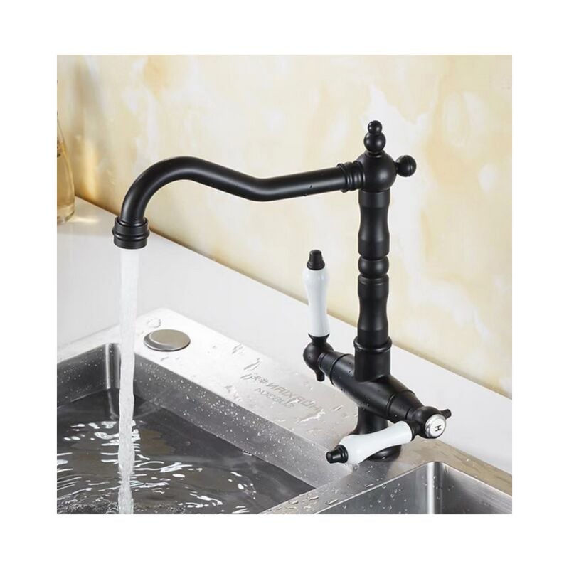 foto del prodotto rubinetto cucina a 360 , rubinetto cucina due maniglie, miscelatore classico in ottone regolabile per acqua calda e fredda, nero
