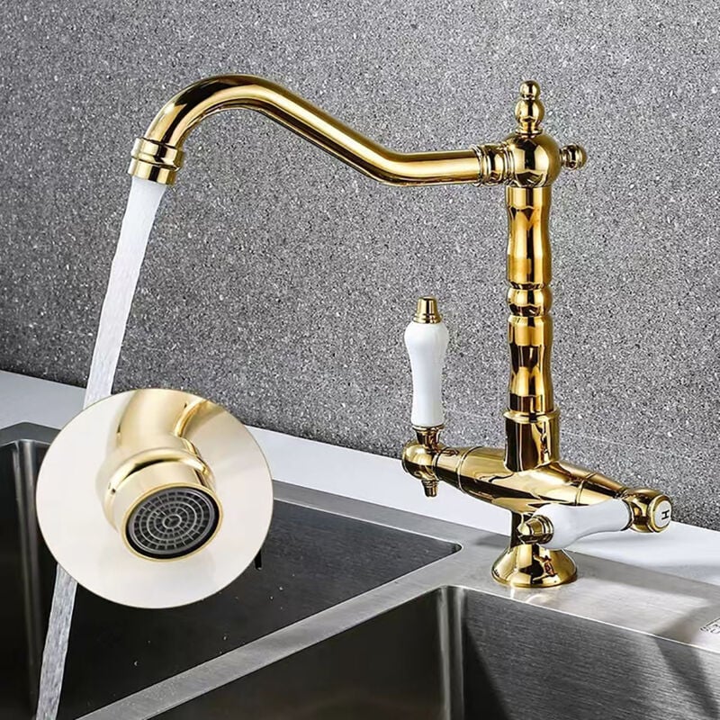foto del prodotto rubinetto cucina a 360 , rubinetto cucina due maniglie, miscelatore classico in ottone regolabile per acqua calda e fredda, oro