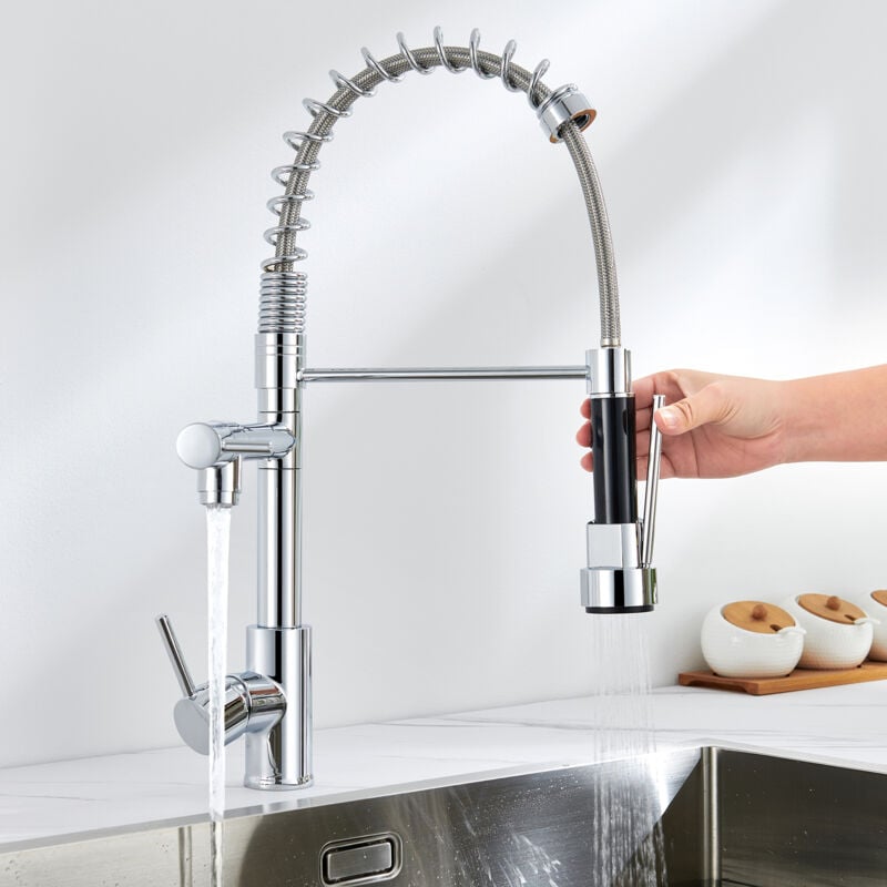 foto del prodotto rubinetto cucina ad alta pressione con doccetta estraibile con molla miscelatore monocomando lavello acqua fredda e calda cromato