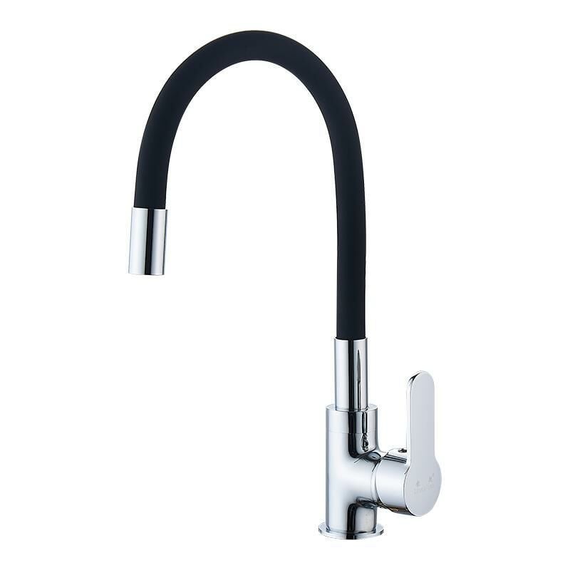 foto del prodotto rubinetto cucina con beccuccio flessibile, miscelatore monocomando lavello, cromo, nero, con tubo ingresso acqua, acqua calda e fredda