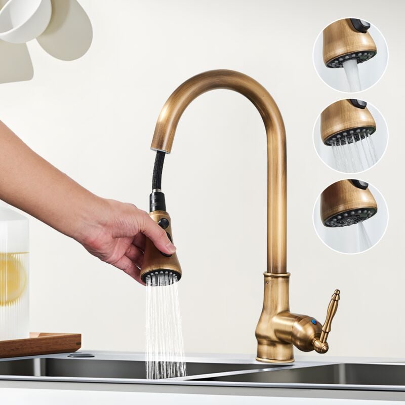 foto del prodotto rubinetto cucina con doccetta a 3 funzioni, con doccetta estraibile, lavello girevole a 360 ,acciaio inox rubinetto lavello cucina, antica onyzpily