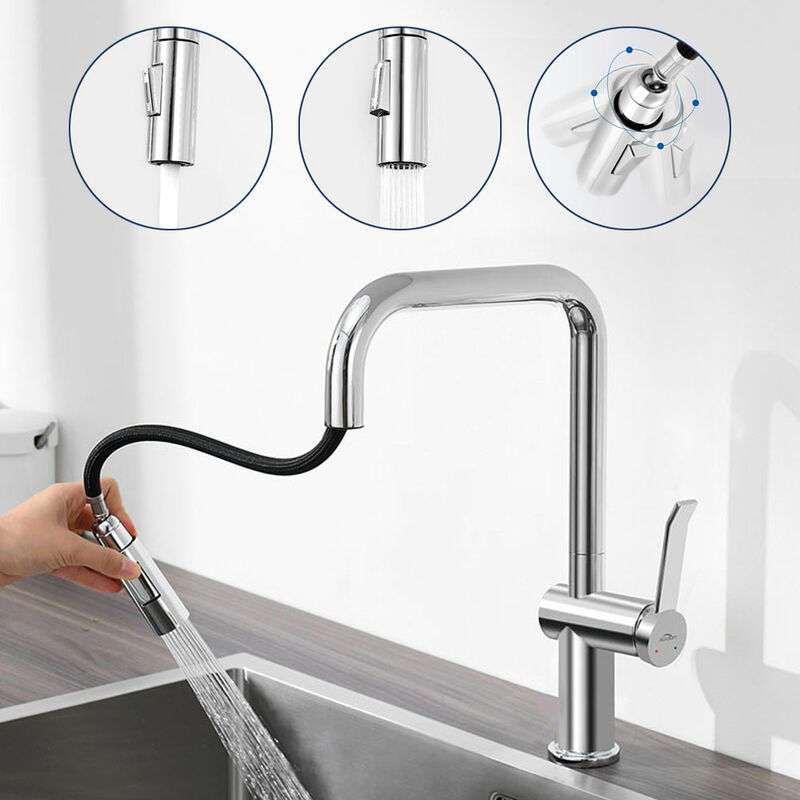 foto del prodotto rubinetto cucina con doccetta estraibile 40cm 2 jet miscelatore monocomando per lavello girevole a 360 e acqua fredda e calda auralum