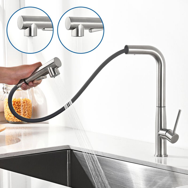 foto del prodotto rubinetto cucina con doccetta estraibile 50cm in acciaio inossidabile, 2 funzioni miscelatore monocomando per lavello, girevole a 360 rubinetto da