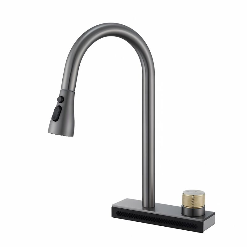 foto del prodotto rubinetto cucina con doccetta estraibile miscelatore monocomando cucina cascata acqua calda e fredda regolabile grigio