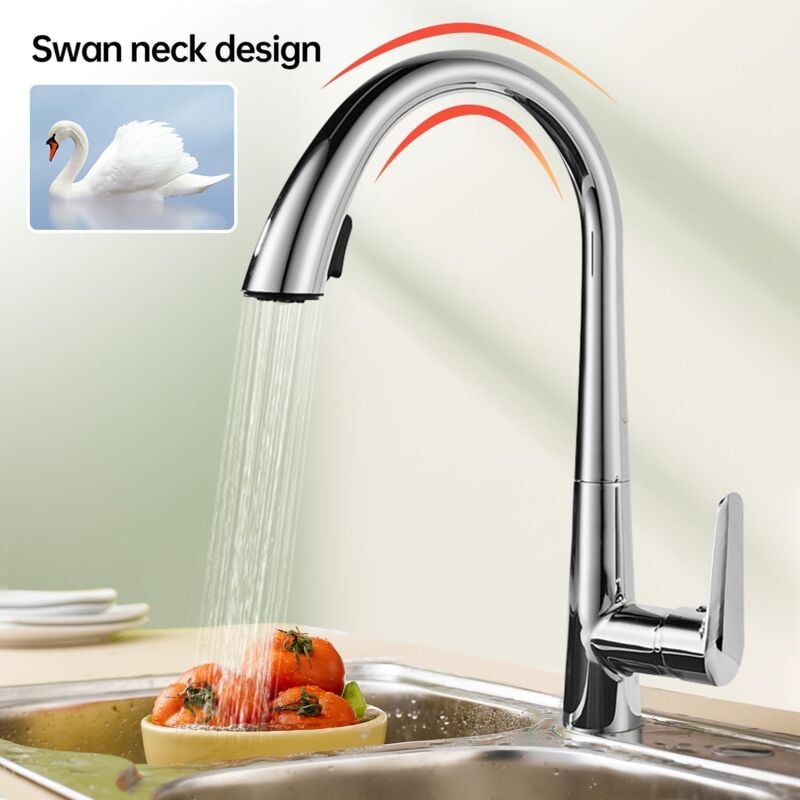 foto del prodotto rubinetto cucina con doccetta estraibile, rubinetto lavello cucina cromato a 360 , 2 modalità dell'acqua, freddo e caldo disponibile