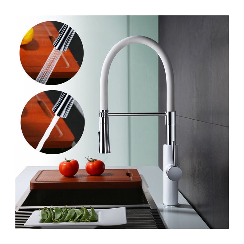 foto del prodotto rubinetto cucina con miscelatore bianco doccetta per lavello portata variabile braccio alto girevole tubo in silicone