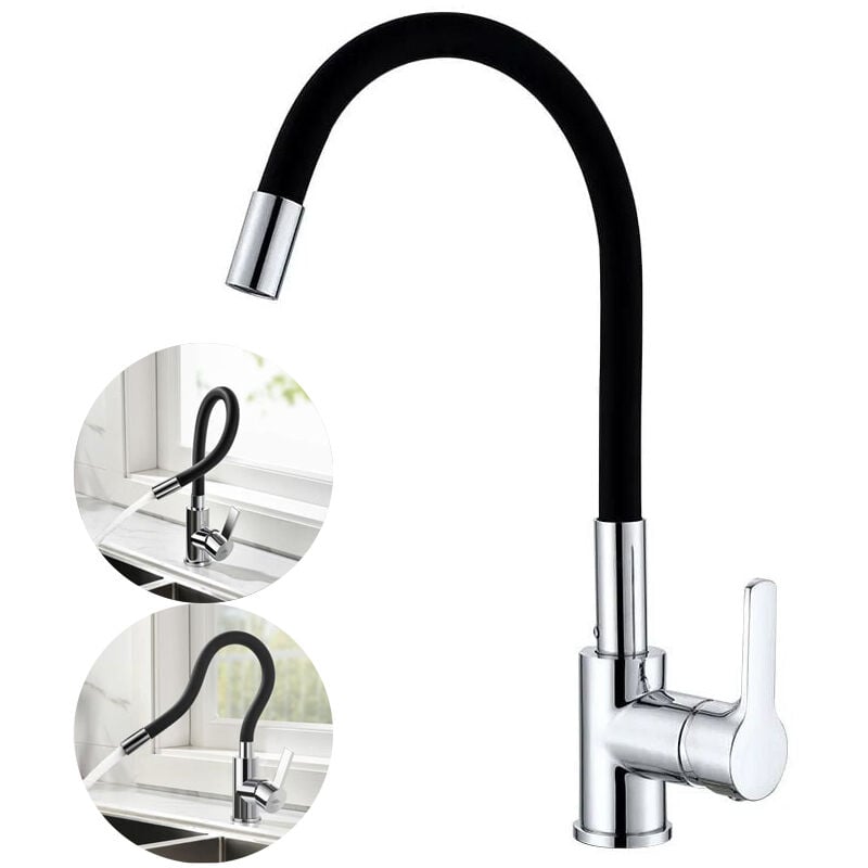 foto del prodotto rubinetto cucina flessibile con beccuccio girevole alto, miscelatore lavello flessibile, rubinetto lavello monoforo cromato e nero con acqua calda e