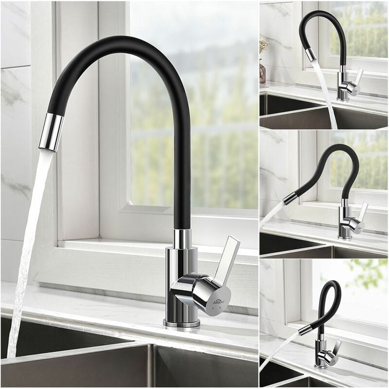 foto del prodotto rubinetto cucina flessibile, miscelatore cucina nero girevole a 360 , rubinetto lavello cucina nero con tubo flessibile auralum