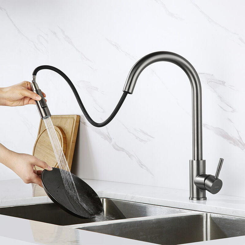 foto del prodotto rubinetto cucina grigio in acciaio inox con doccetta estraibile, girevole a 360 , 2 modalit , miscelatore monocomando alto per lavello,soffione