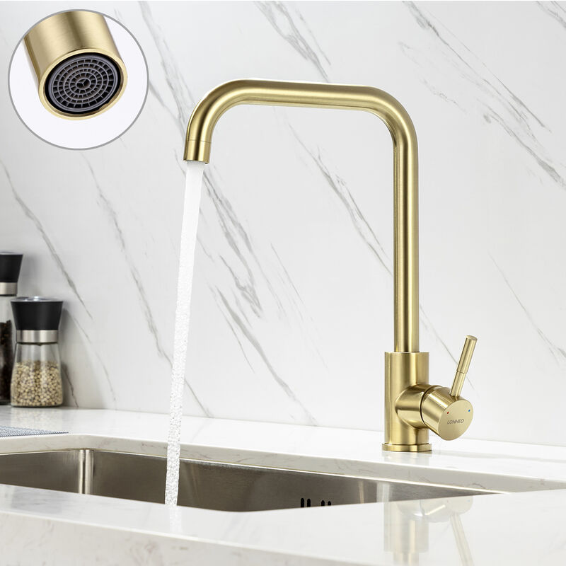 foto del prodotto rubinetto cucina monocomando oro acciaio inossidabile rubinetto per lavello girevole a 360 gradi con gorgogliatore rimovibile miscelatore per acqua