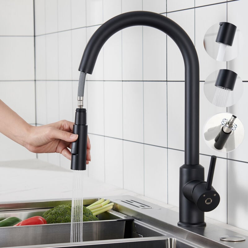 foto del prodotto rubinetto cucina nero estraibile con 2 funzioni, miscelatore per lavello da cucina girevole a 360 in acciaio inox, miscelatore per lavello acqua