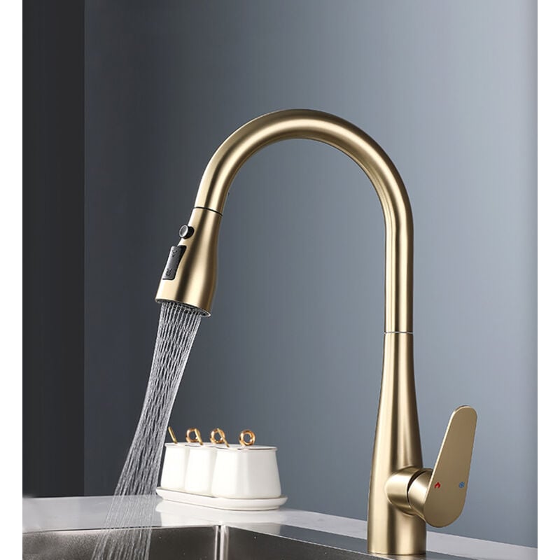 foto del prodotto rubinetto cucina, rubinetti lavello con doccetta, miscelatore cucina a scomparsa a 2 modalit , acciaio inox oro