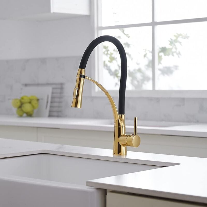 foto del prodotto rubinetto cucina, rubinetto lavello con doccetta estraibile, miscelatore monocomando girevole a 360 oro