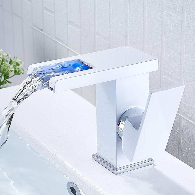 foto del prodotto rubinetto da bagno a cascata a led, rubinetto a cascata luminoso, rubinetto per lavabo da bagno con acqua bianca calda e fredda