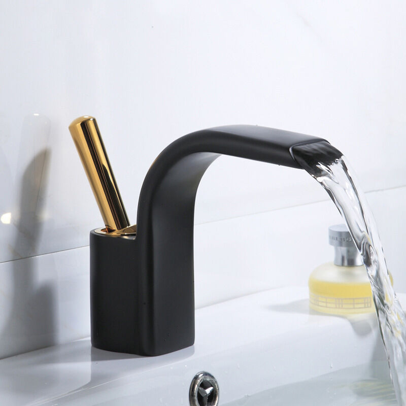 foto del prodotto rubinetto da bagno cascata miscelatore per lavabo acqua calda e fredda regolabile nero oro
