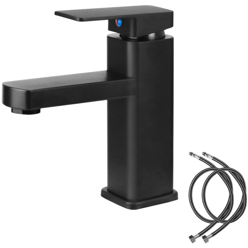 foto del prodotto rubinetto da bagno nero, miscelatore per lavabo in lega con acqua calda e fredda disponibile, rubinetto per lavabo con due tubi flessibili, per wc,