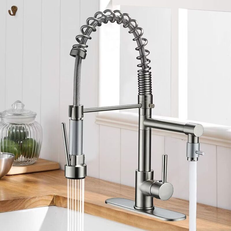 foto del prodotto rubinetto da cucina a molla, girevole a 360 con testa spruzzo estraibile, materiale rame, doppia modalit nichel spazzolato onyzpily
