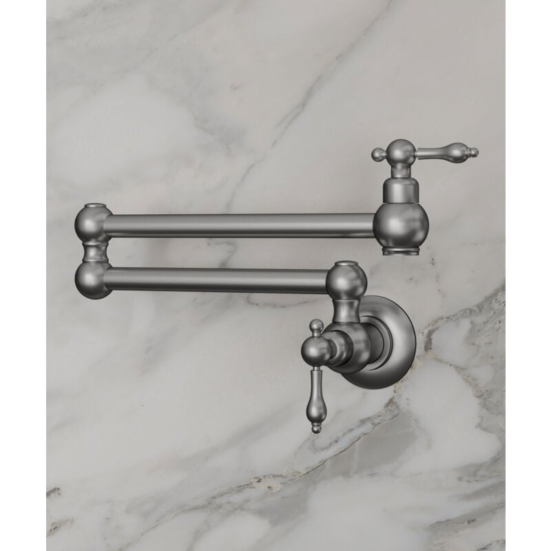 foto del prodotto rubinetto da cucina a parete a scomparsa con due maniglie e due snodi acqua fredda nickel spazzolato