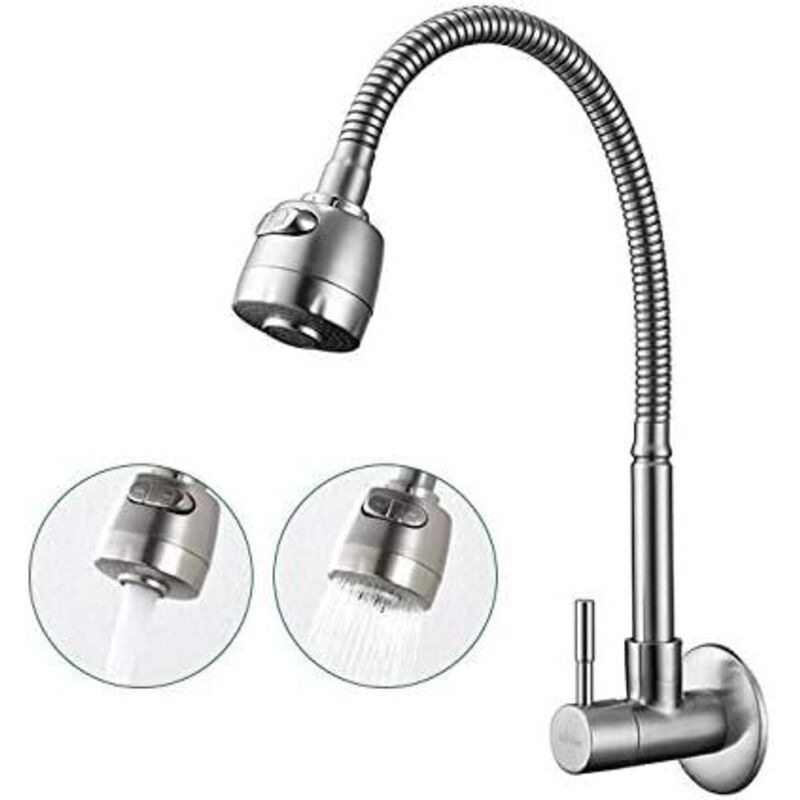 foto del prodotto rubinetto da cucina a parete girevole a 180 con 2 funzioni, miscelatore per lavello da cucina ad acqua fredda singola, superficie spazzolata, tubo