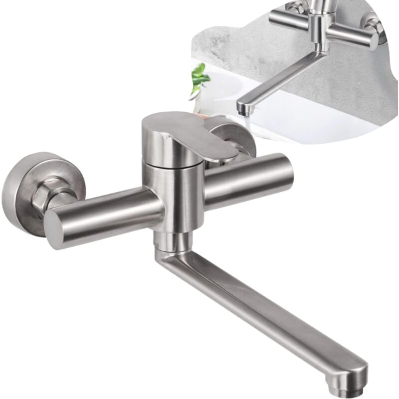 foto del prodotto rubinetto da cucina a parete, girevole a 360 per lavello da cucina, acqua calda e fredda, fori di montaggio regolabili, braccio girevole da 23 cm,