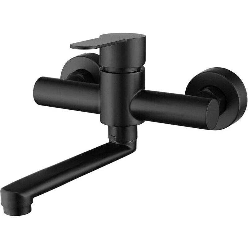 foto del prodotto rubinetto da cucina a parete in acciaio inox 304, miscelatore per lavello girevole a 360 con beccuccio nero.