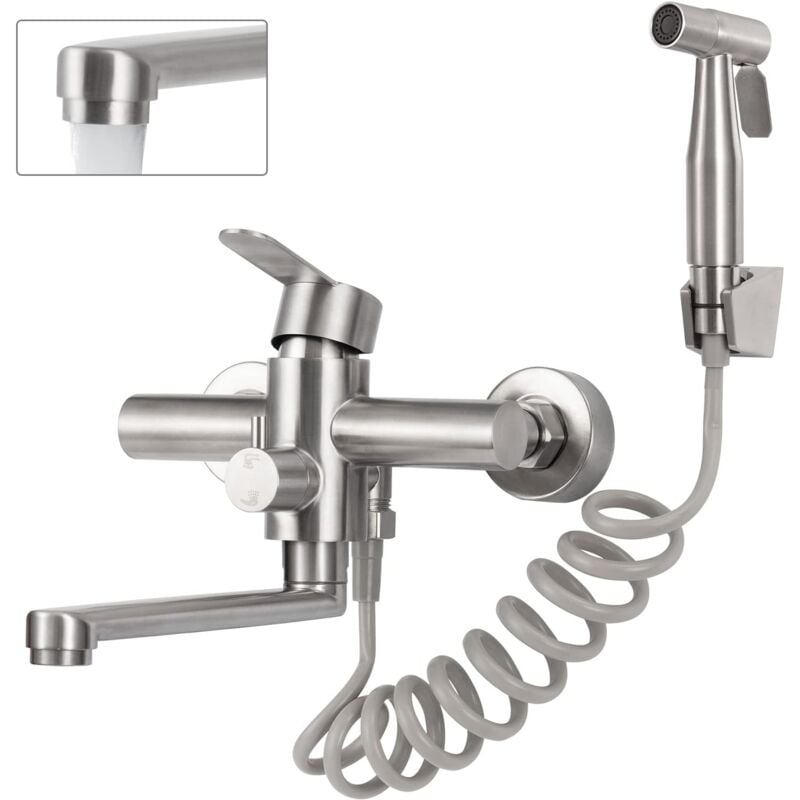 foto del prodotto rubinetto da cucina a parete, miscelatore da cucina a parete con pistola a spruzzo, miscelatore girevole a 360 , tubo girevole da 23 cm, acciaio