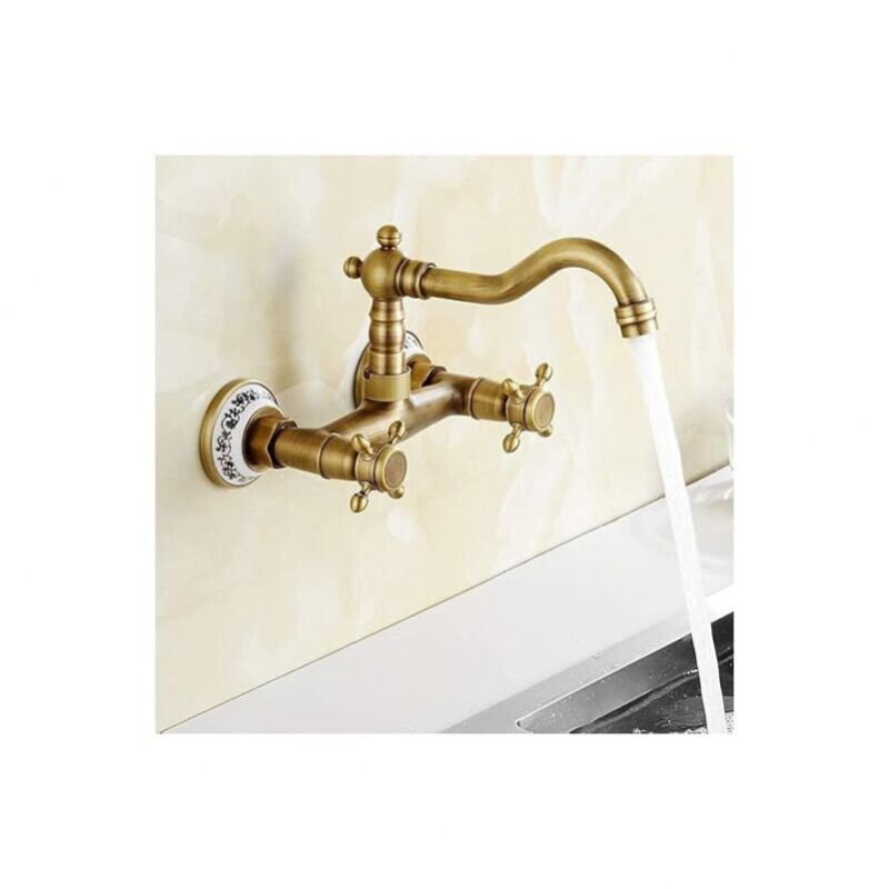 foto del prodotto rubinetto da cucina a parete, rubinetto per lavabo vintage con acqua calda e fredda in ceramica, rubinetto per lavello antico in ottone