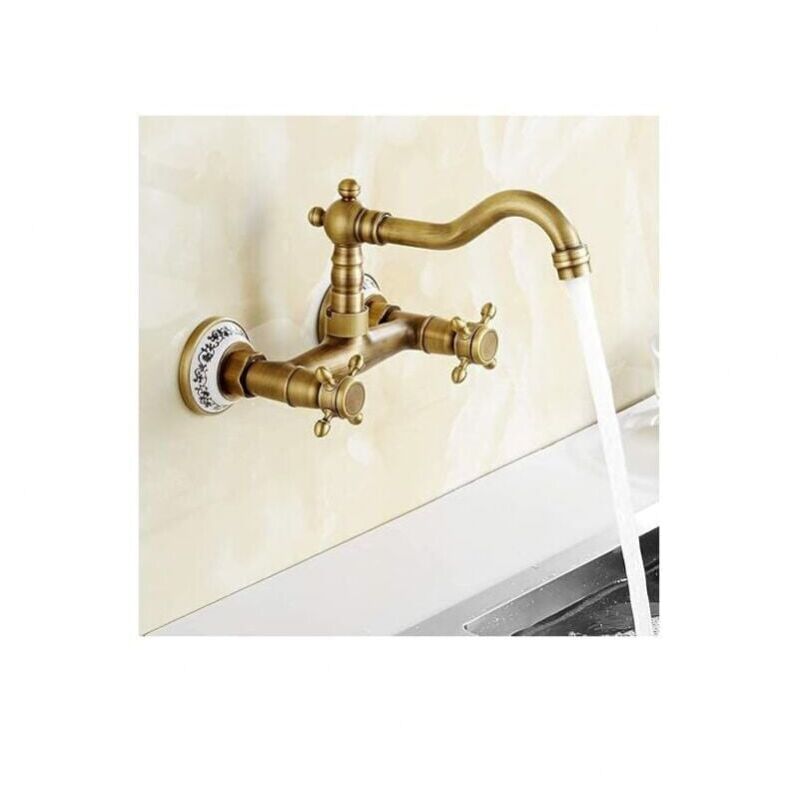 foto del prodotto rubinetto da cucina a parete, rubinetto per lavabo vintage con acqua calda e fredda in ceramica, rubinetto per lavello antico in ottone ymyny