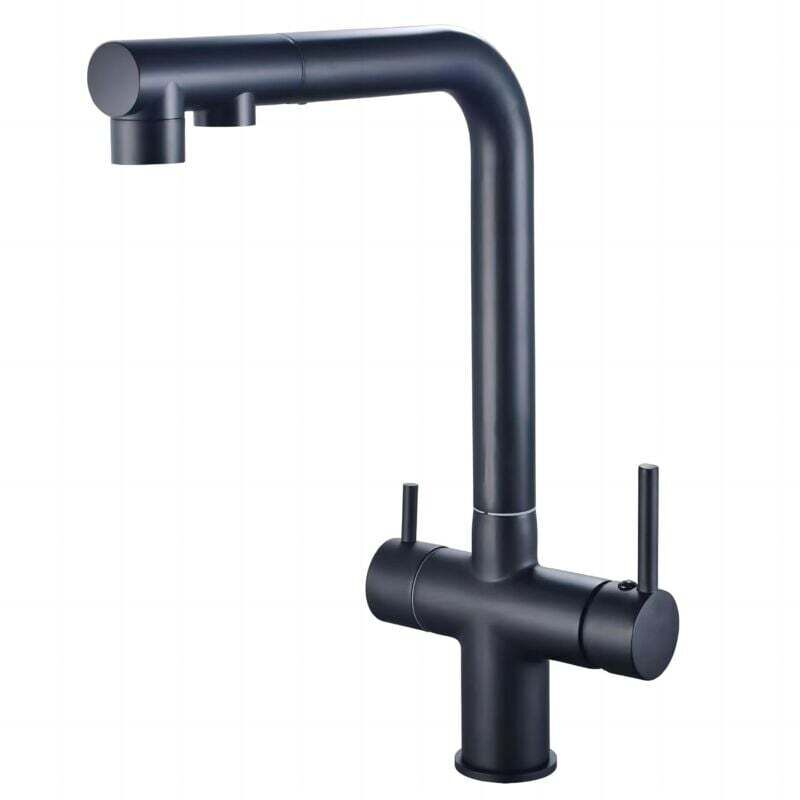 foto del prodotto rubinetto da cucina a tre vie con doccetta estraibile, rubinetto da cucina girevole a 360 , rubinetto con uscita acqua filtrata nero