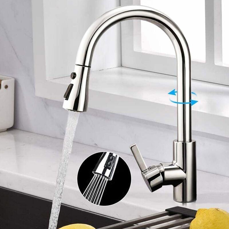 foto del prodotto rubinetto da cucina con doccetta estraibile, miscelatore da cucina con 3 modalità, cromato, rubinetto da cucina in acciaio inox 304 con doccetta