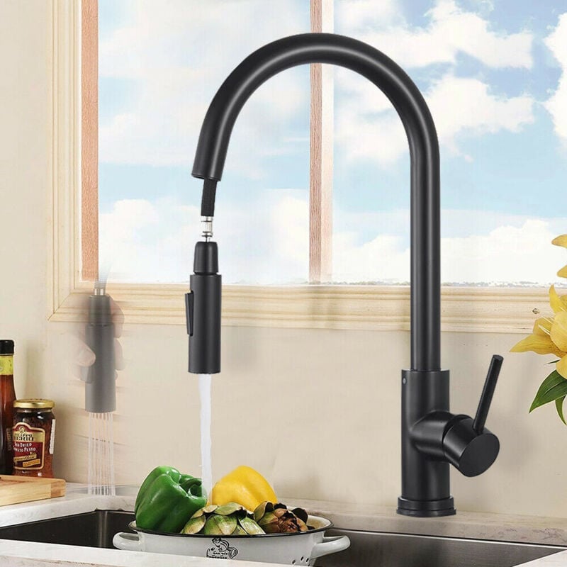 foto del prodotto rubinetto da cucina con doccetta estraibile, miscelatore per lavello da cucina girevole a 360 in acciaio inox, nero opaco, miscelatore da cucina a 2