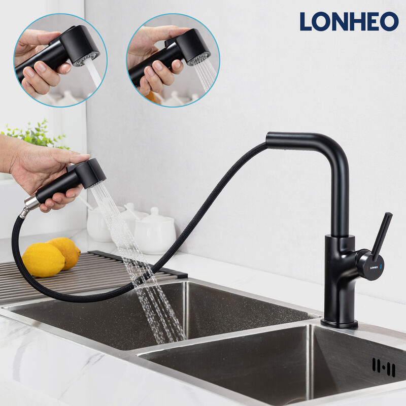 foto del prodotto rubinetto da cucina con doppia doccetta estraibile 2 funzioni 360 grado rotazione miscelatore monocomando per lavello nero