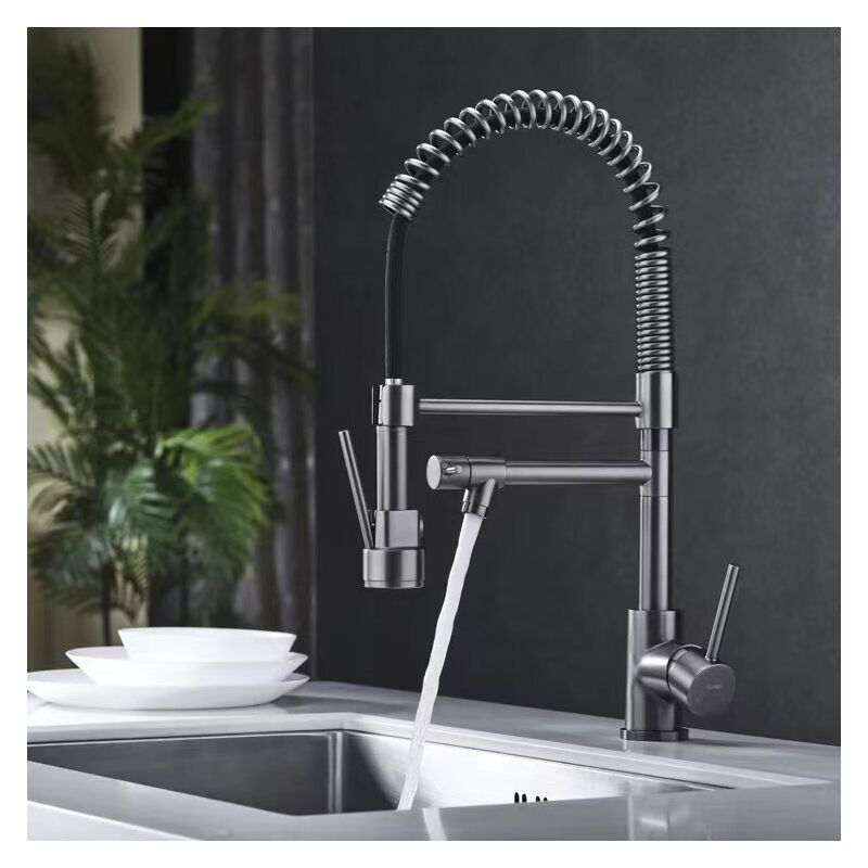foto del prodotto rubinetto da cucina con molla a spirale, miscelatore cucina a 360 per lavello con doccetta estensibile e blocco - grigio