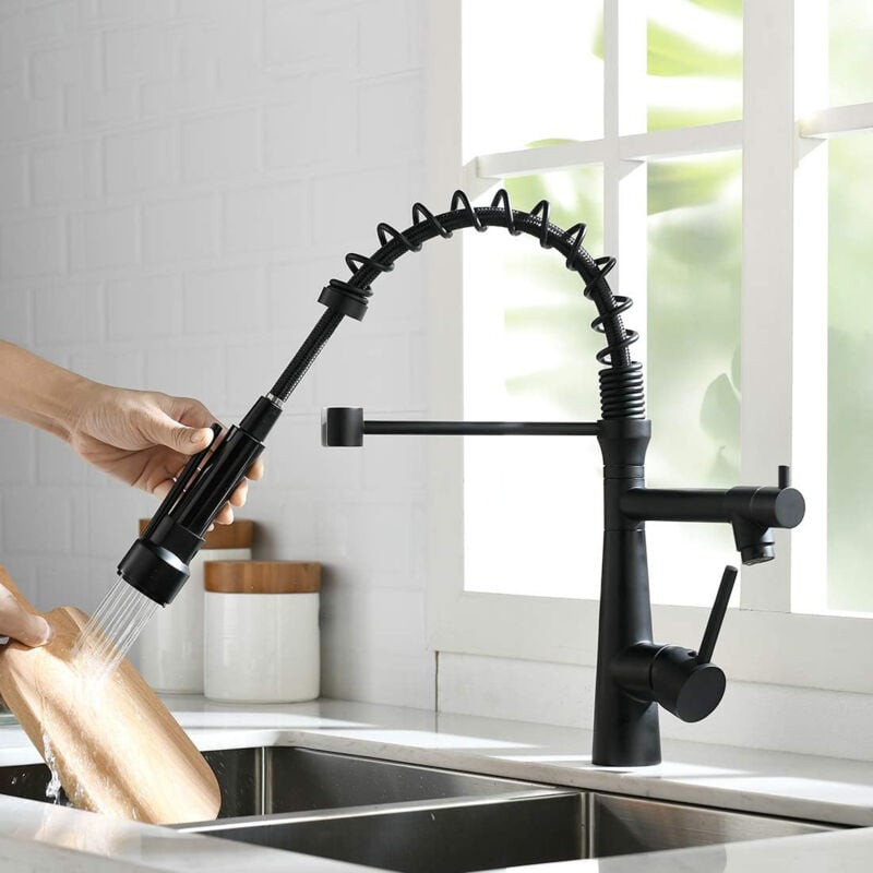 foto del prodotto rubinetto da cucina con molla a spirale, miscelatore cucina a 360 per lavello con doccetta estensibile e blocco nero