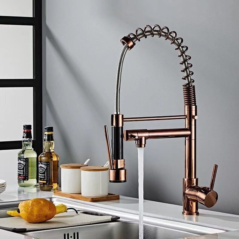 foto del prodotto rubinetto da cucina con molla a spirale, miscelatore cucina a 360 per lavello con doccetta estensibile e blocco oro rosa